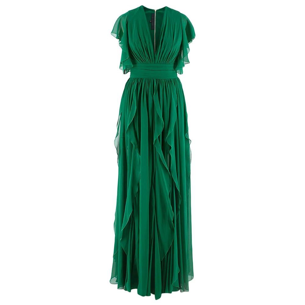 Elie Saab green silk ruffled lace trim gown SIZE XS