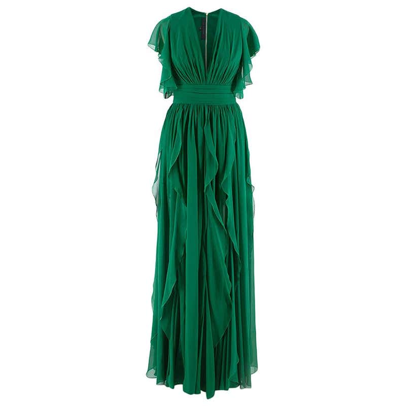 Elie Saab green silk ruffled lace trim gown SIZE XS at 1stDibs