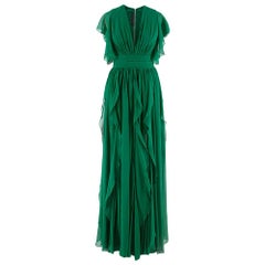 Used Elie Saab green silk ruffled lace trim gown SIZE XS