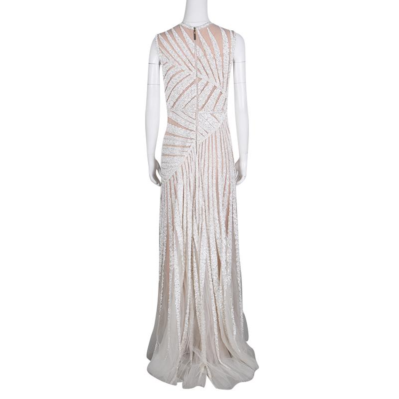 Gray Elie Saab Ivory Palm Leaf Pattern Embellished Sleeveless Tulle Gown S