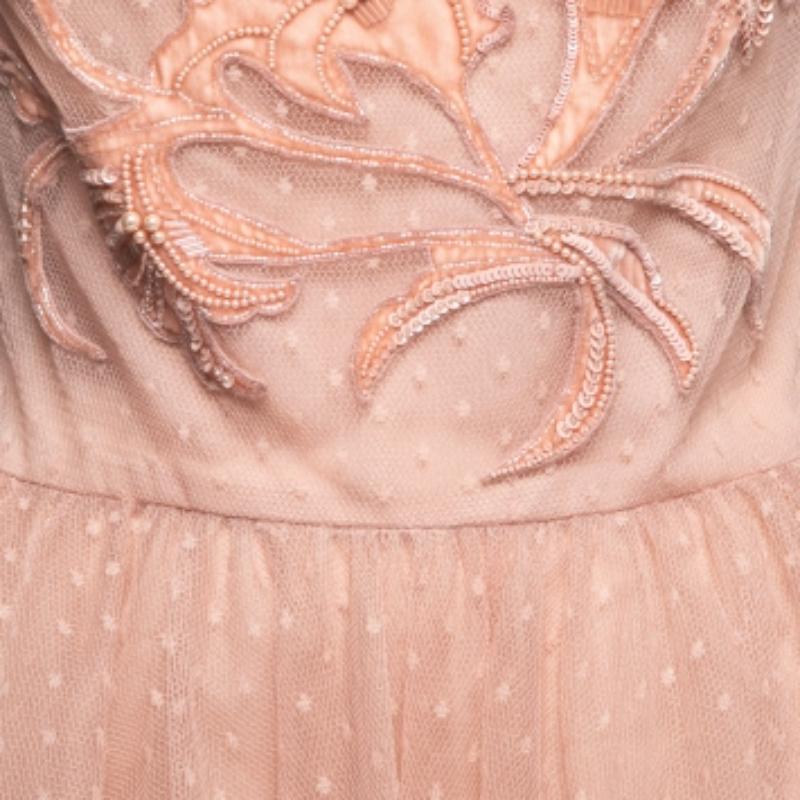 Beige Elie Saab Light Dot Dotly Tulle Embellished Mini Flared Dress L