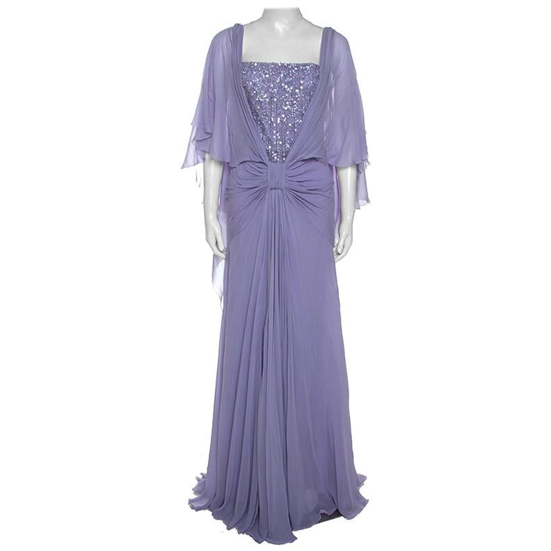 Elie Saab Lilac Silk Cape Sleeve Gathered Detail Evening Gown S
