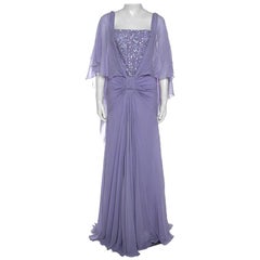 Elie Saab - Robe de soirée en soie lilas à manches cape et détails froncés S