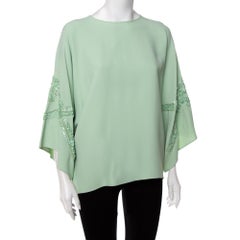 Elie Saab Mint Green Crepe Sequin Embellished Wide Sleeve Detail Top M