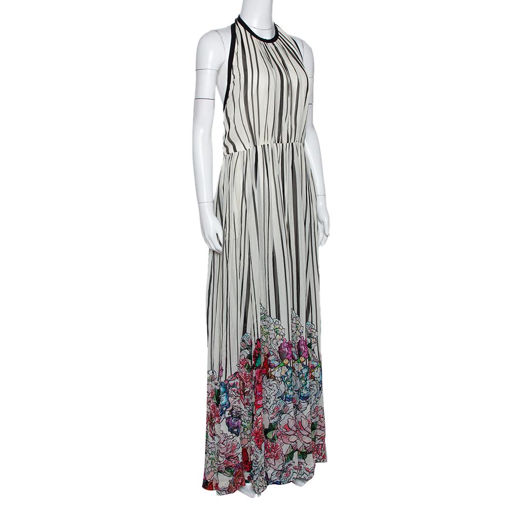 Gray Elie Saab Monochrome Striped Silk Floral Print Halter Maxi Dress M
