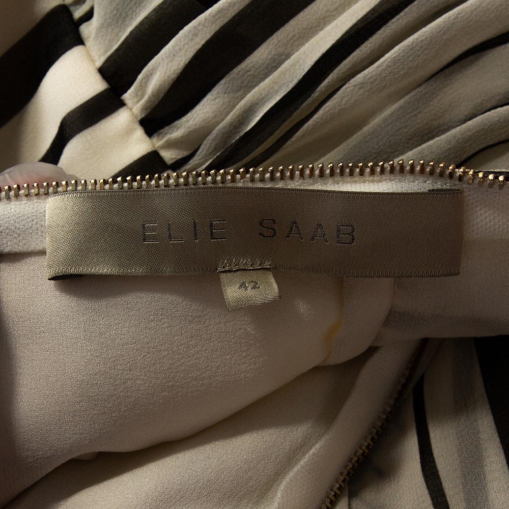 Elie Saab Monochrome Striped Silk Floral Print Halter Maxi Dress M In Good Condition In Dubai, Al Qouz 2