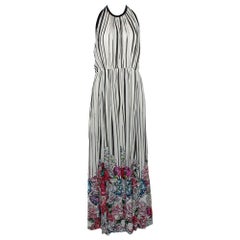 Elie Saab Monochrome Striped Silk Floral Print Halter Maxi Dress M