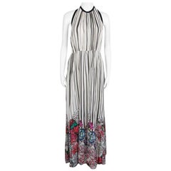 Used Elie Saab Monochrome Striped Silk Floral Print Halter Maxi Dress S