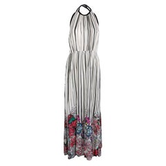 Elie Saab Monochrome Striped Silk Floral Print Halter Maxi Dress S