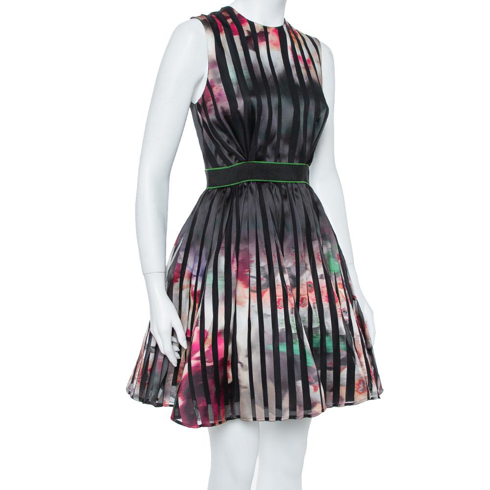 Black Elie Saab Multicolor Printed Silk Panelled Sleeveless Flared Dress S