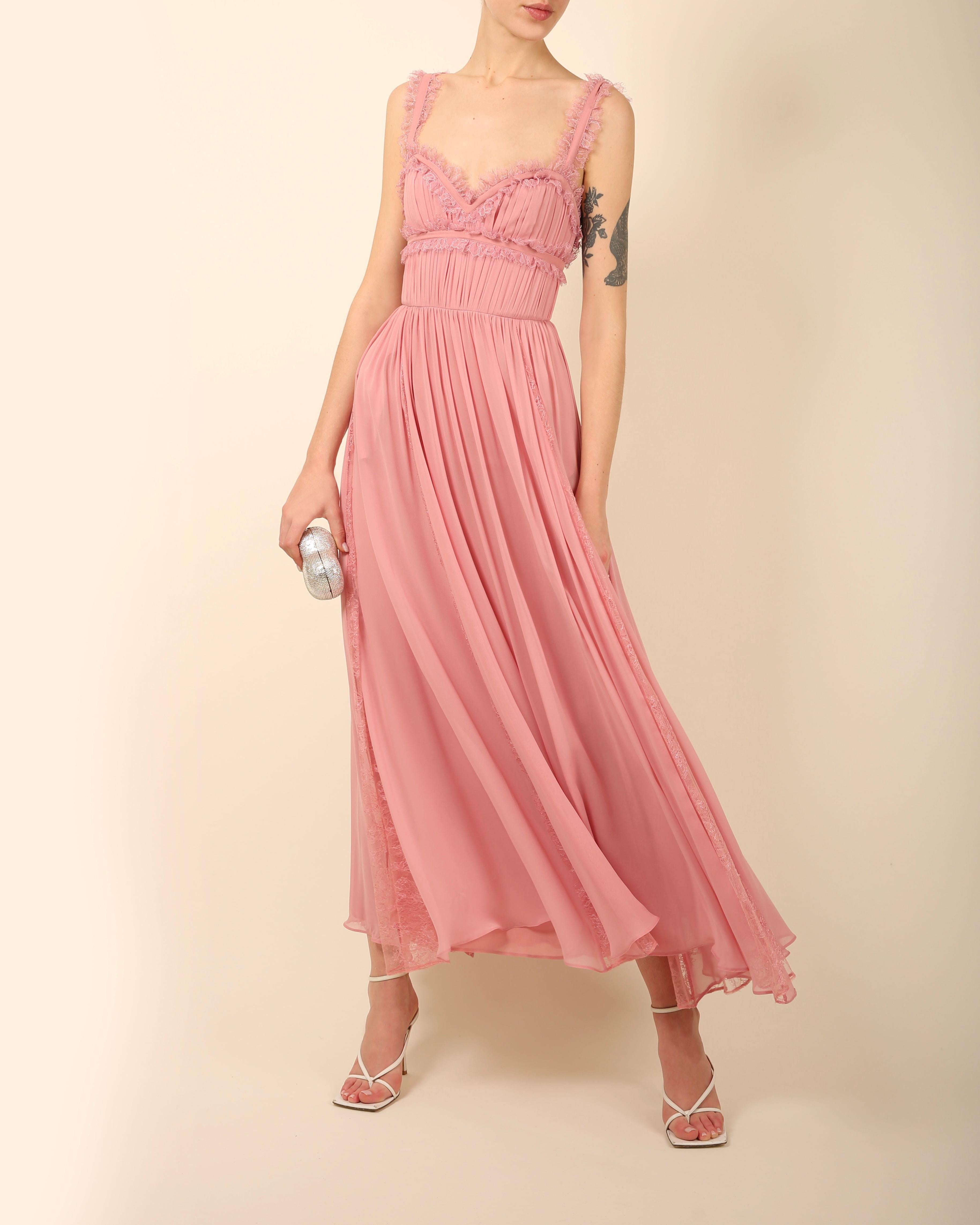 Women's Elie Saab pink lace trimmed cut out corset bustier maxi dress gown 34 For Sale