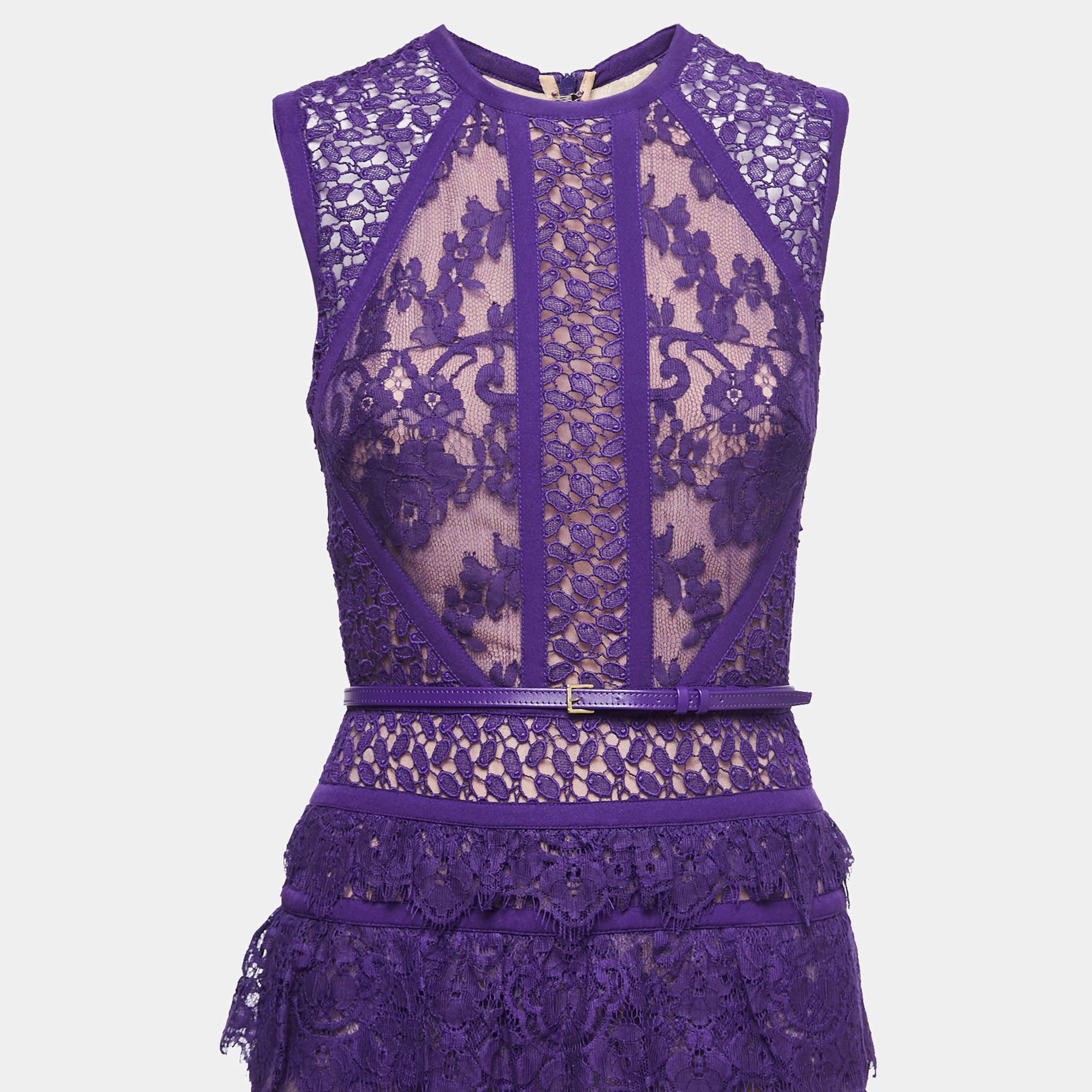 Elie Saab Purple Silk Trim Tiered Floral Lace Long Dress S In Good Condition In Dubai, Al Qouz 2