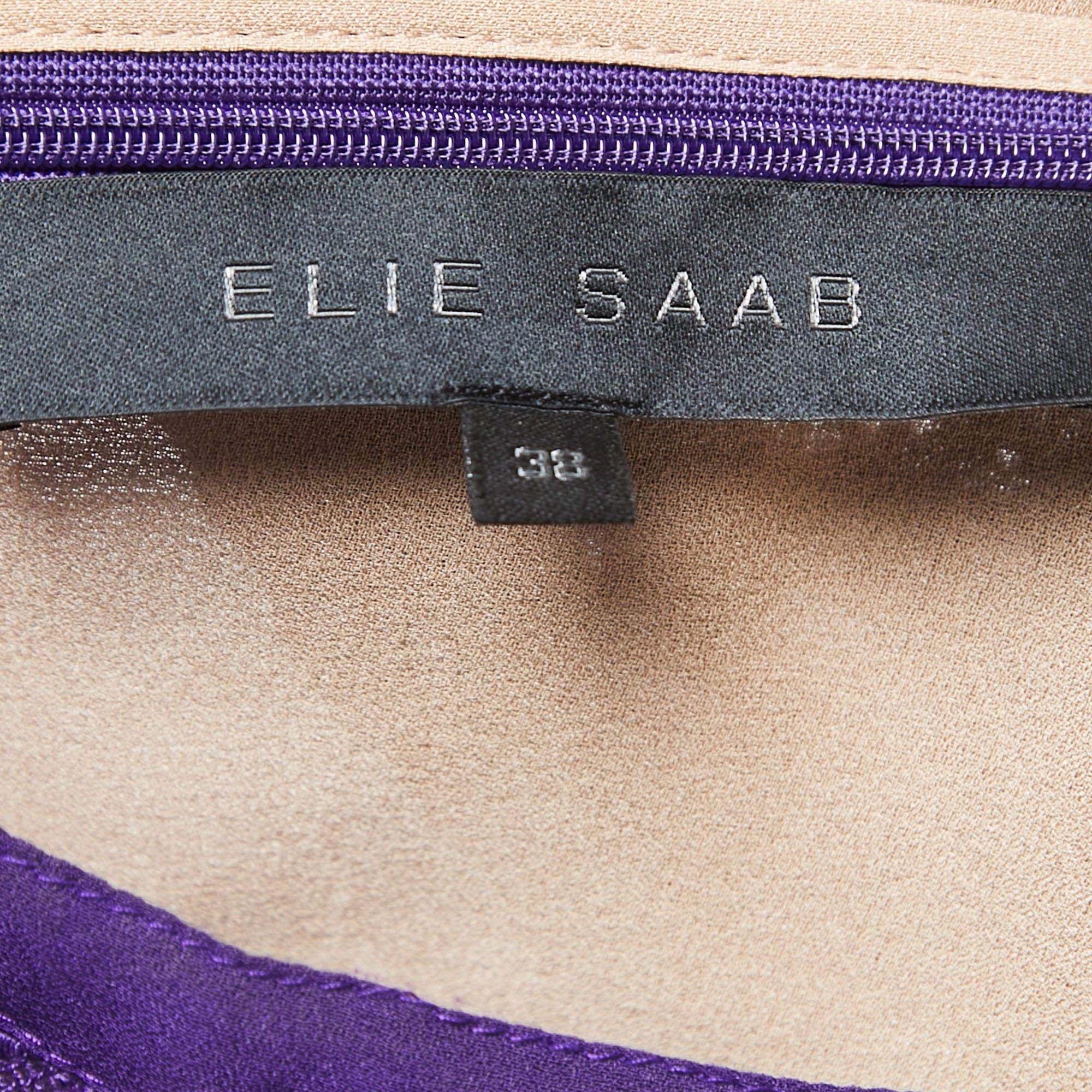 Elie Saab Purple Silk Trim Tiered Floral Lace Long Dress S 1