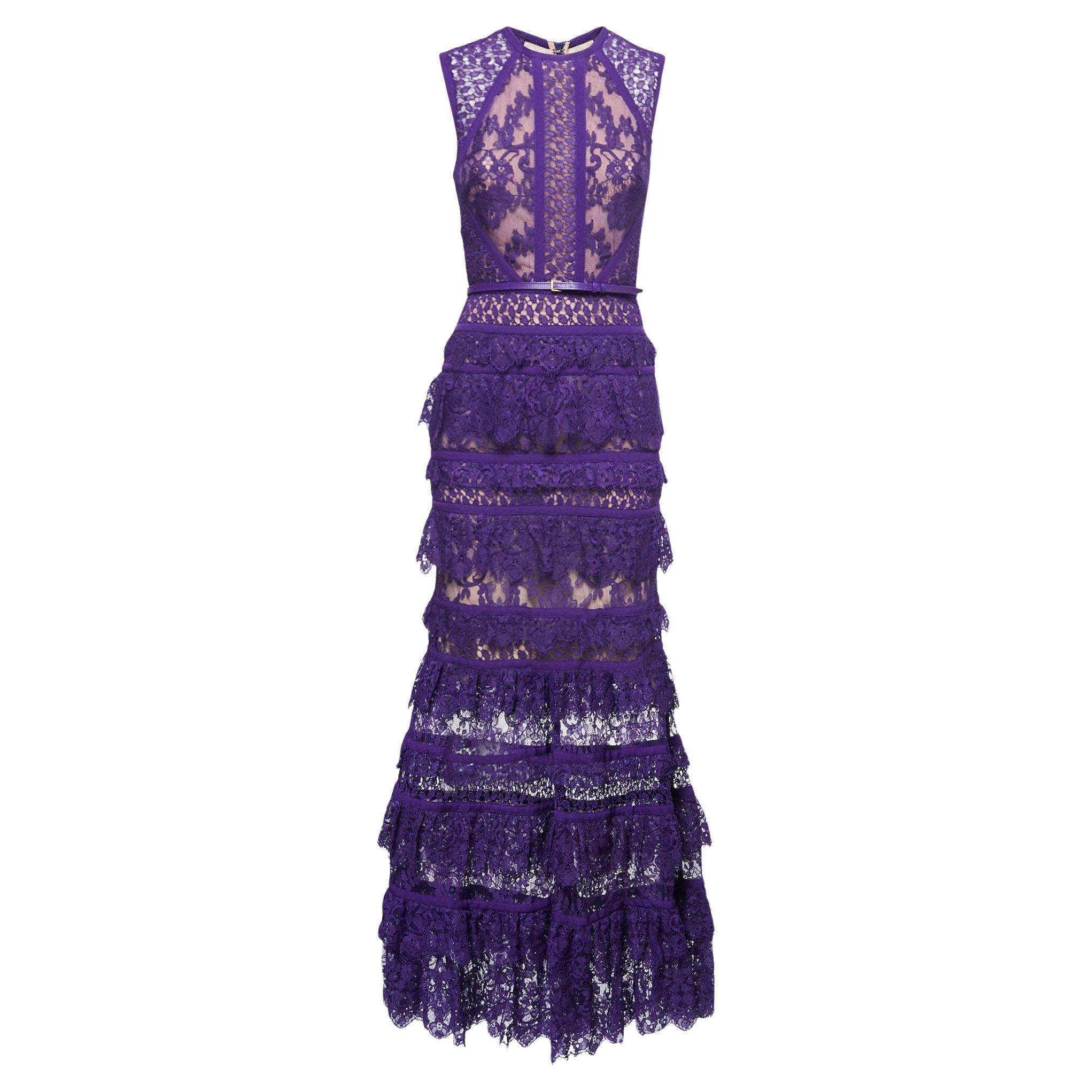 Elie Saab Purple Silk Trim Tiered Floral Lace Long Dress S