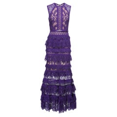 Used Elie Saab Purple Silk Trim Tiered Floral Lace Long Dress S