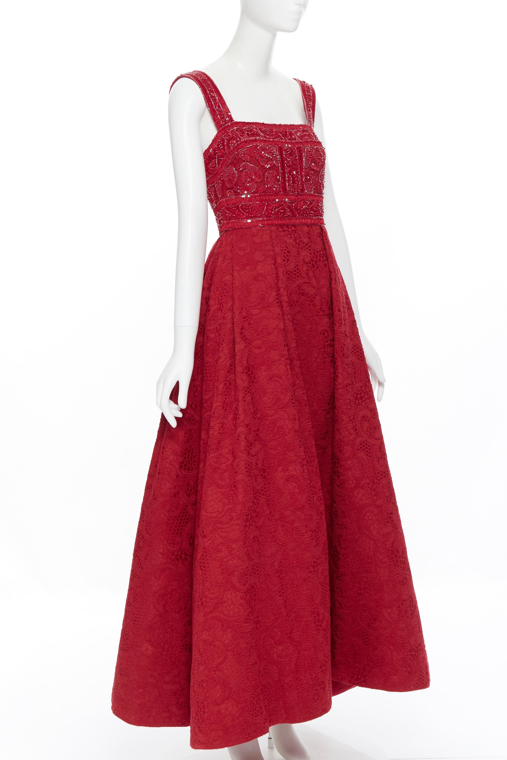 Red ELIE SAAB red bead sequins embellished bust floral lace applique gown XS