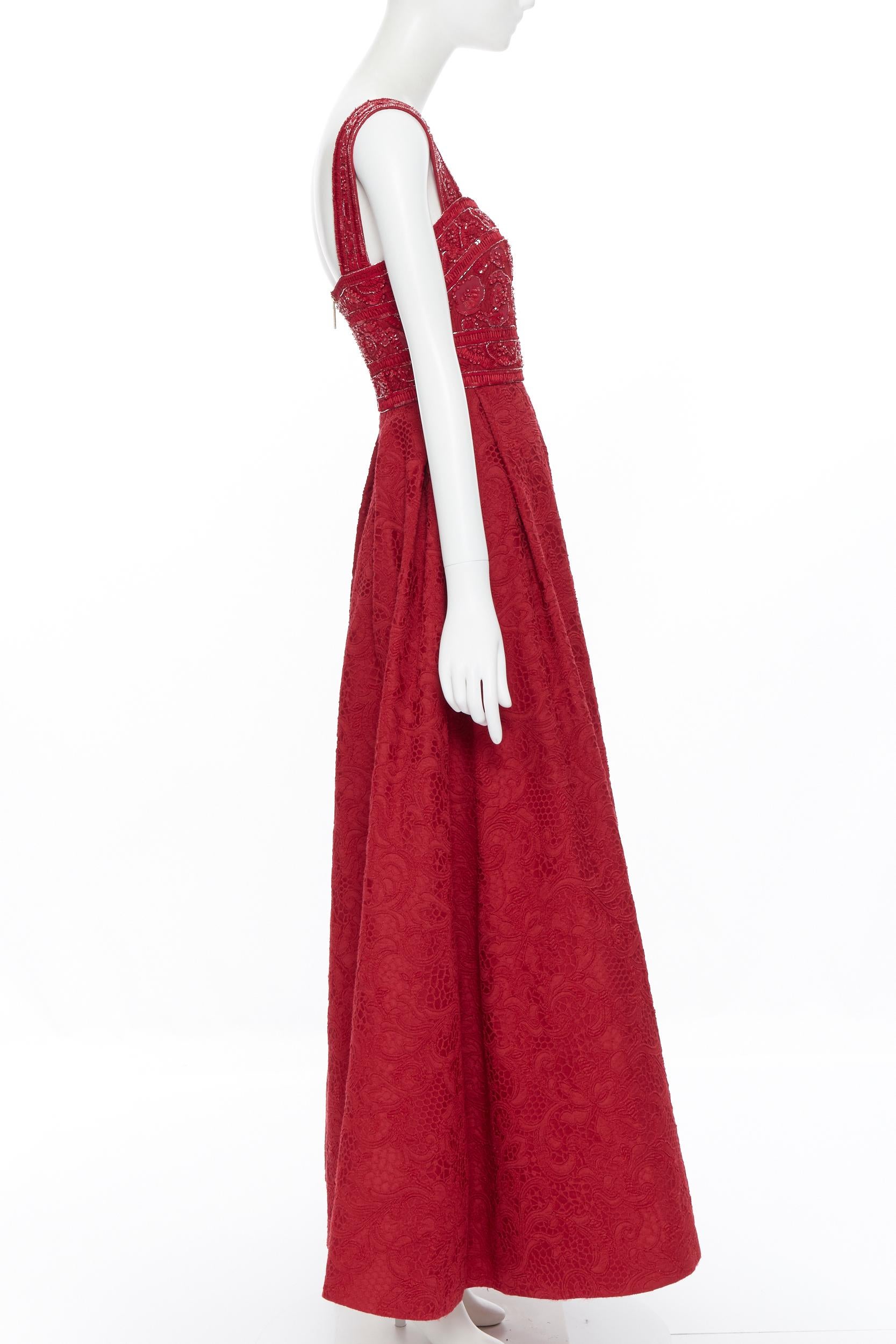 ELIE SAAB red bead sequins embellished bust floral lace applique gown XS In Good Condition In Hong Kong, NT