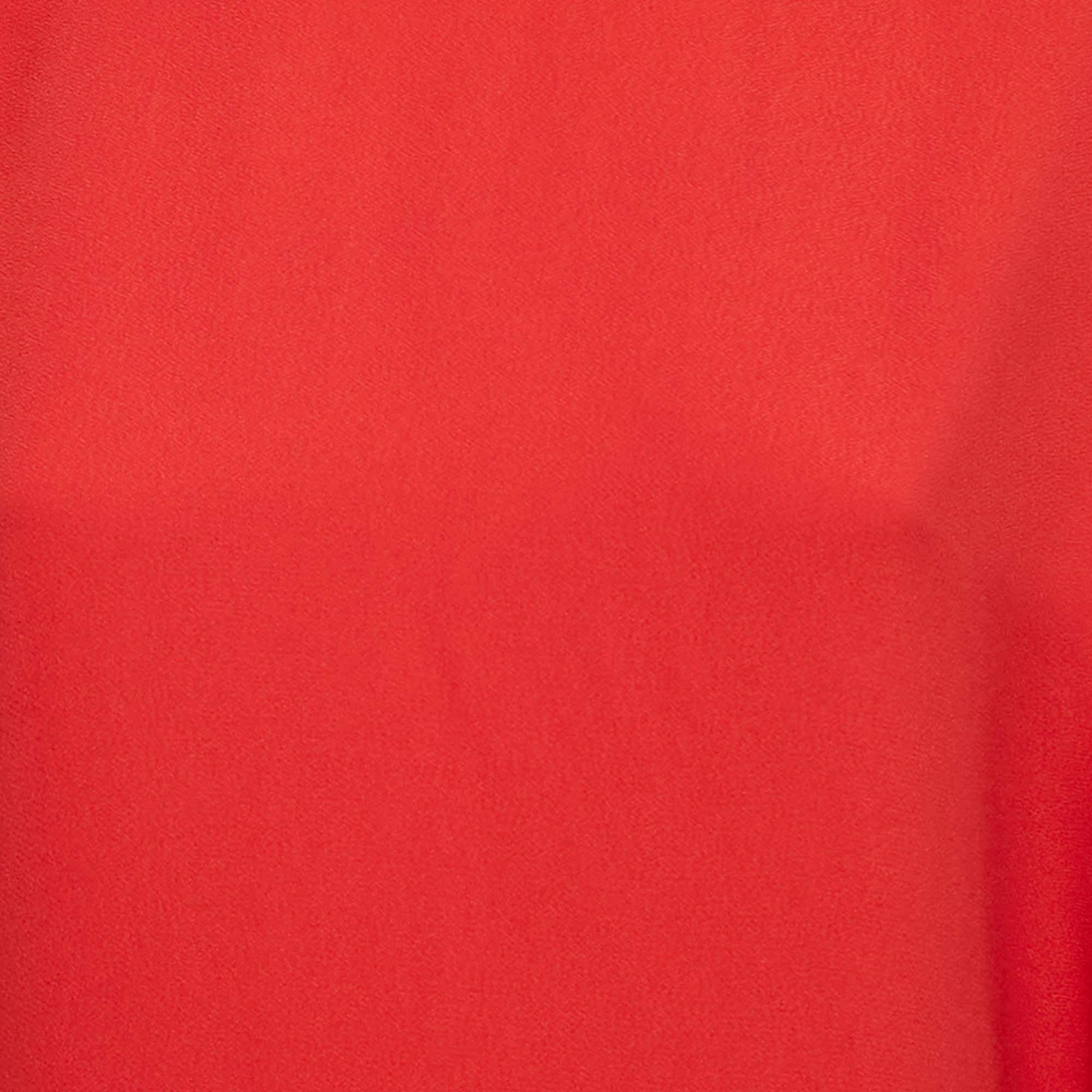 Elie Saab Red Crepe Asymmetric Sleeve Midi Dress XS In Good Condition For Sale In Dubai, Al Qouz 2