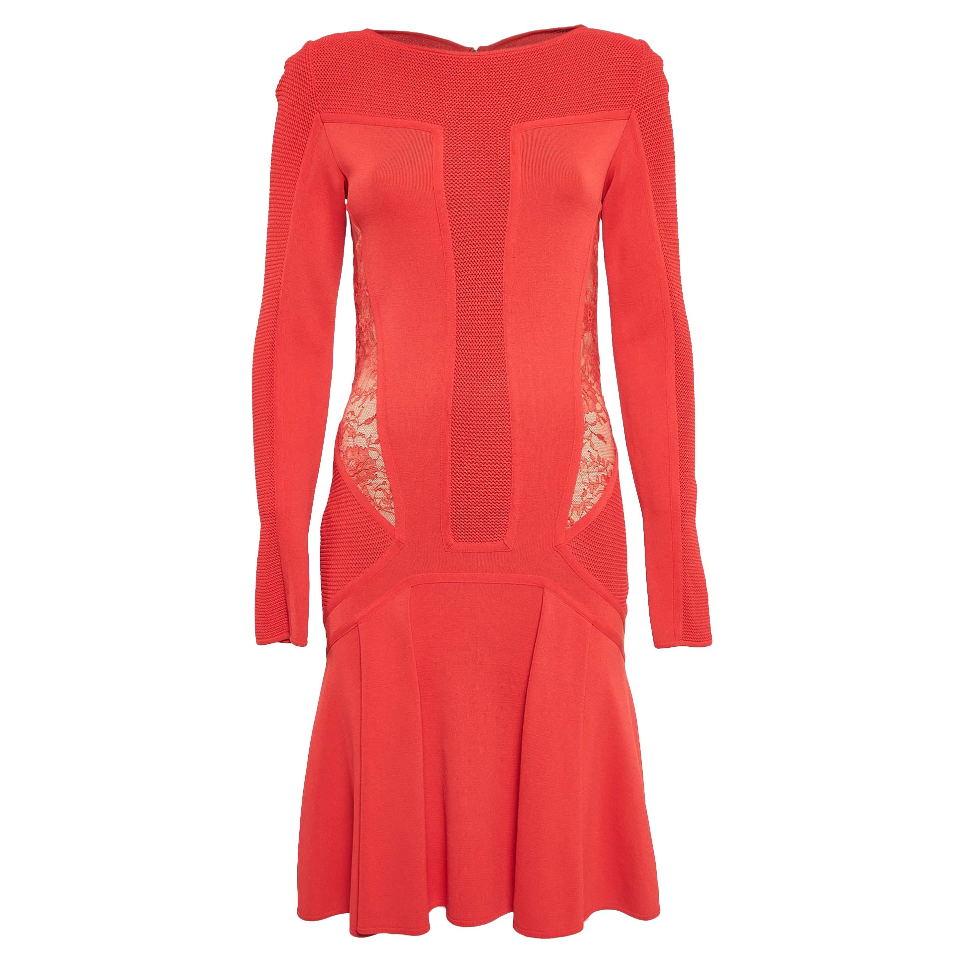 Elie Saab - Vestito midi svasato in maglia con bordi in pizzo rosso - S in vendita