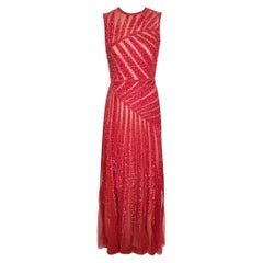 ELIE SAAB RED SEQUIN BEADED LONG GOWN Dress FR 36