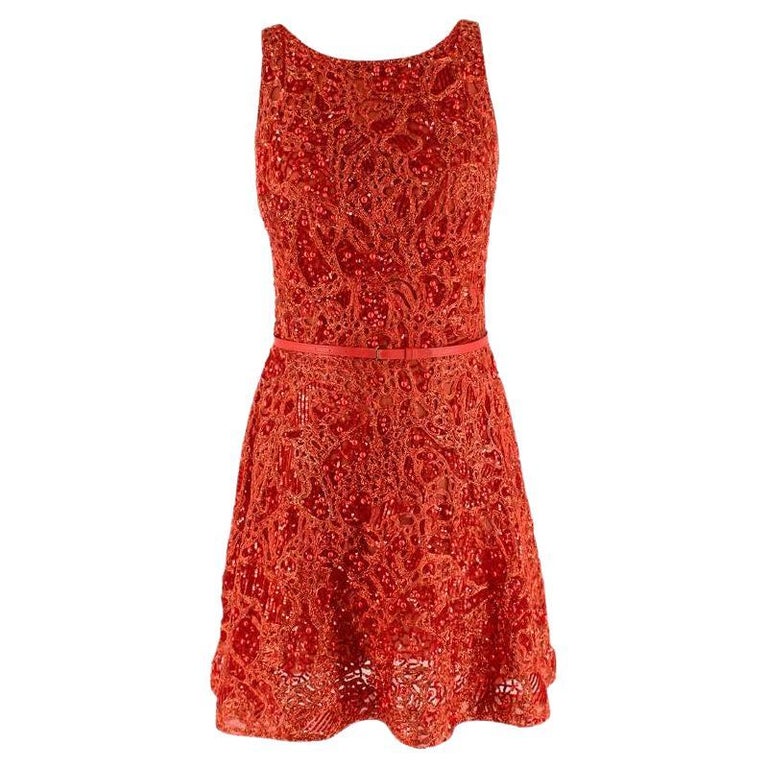 Elie Saab Red Sequin Embroidered Belted Mini Dress - US 6 For Sale