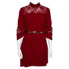 Elie Saab Red Silk & Lace Butterfly Sleeve Detail Belted Shift Dress XS