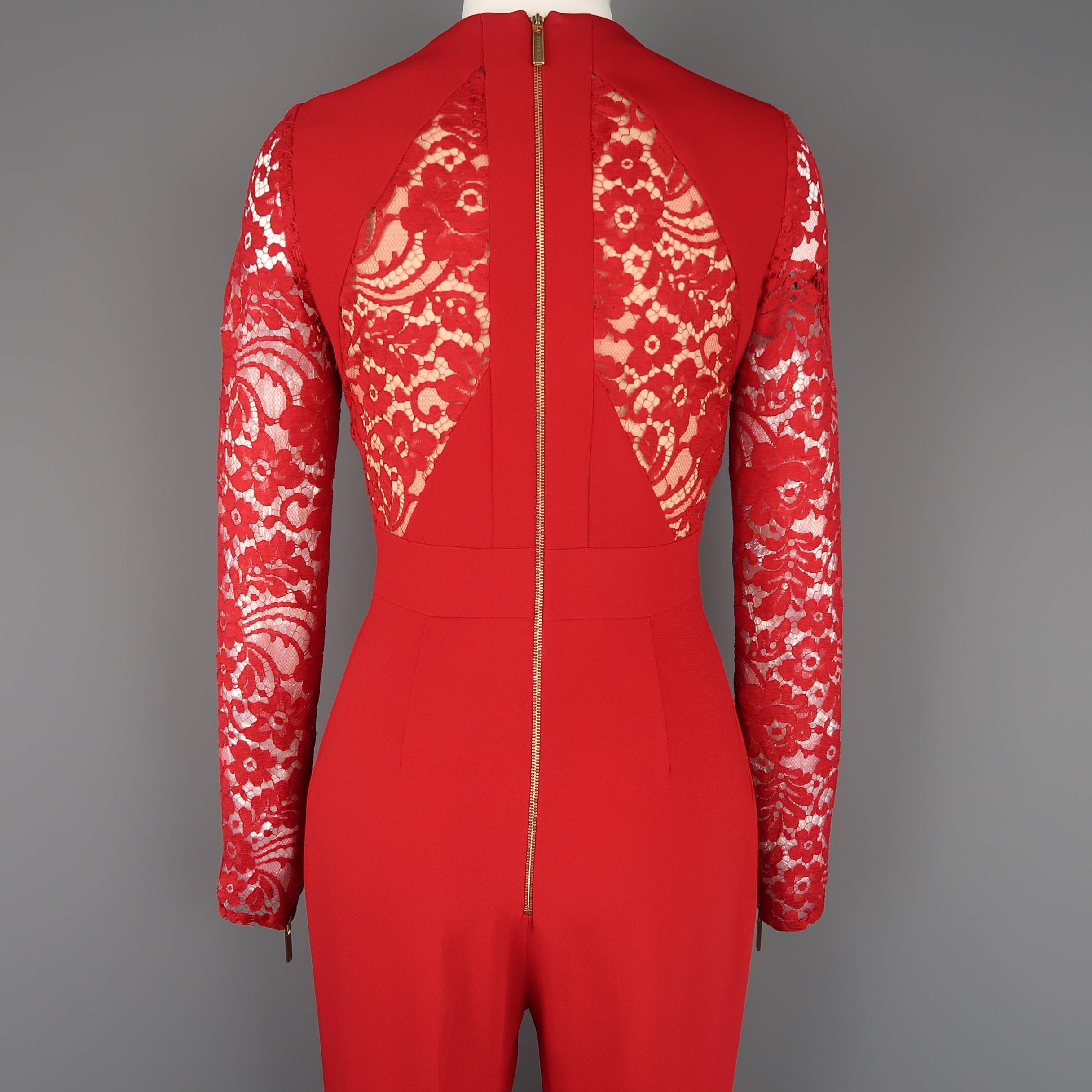 Elie Saab Red Lace Panel Long Sleeve Flared Jumpsuit 3