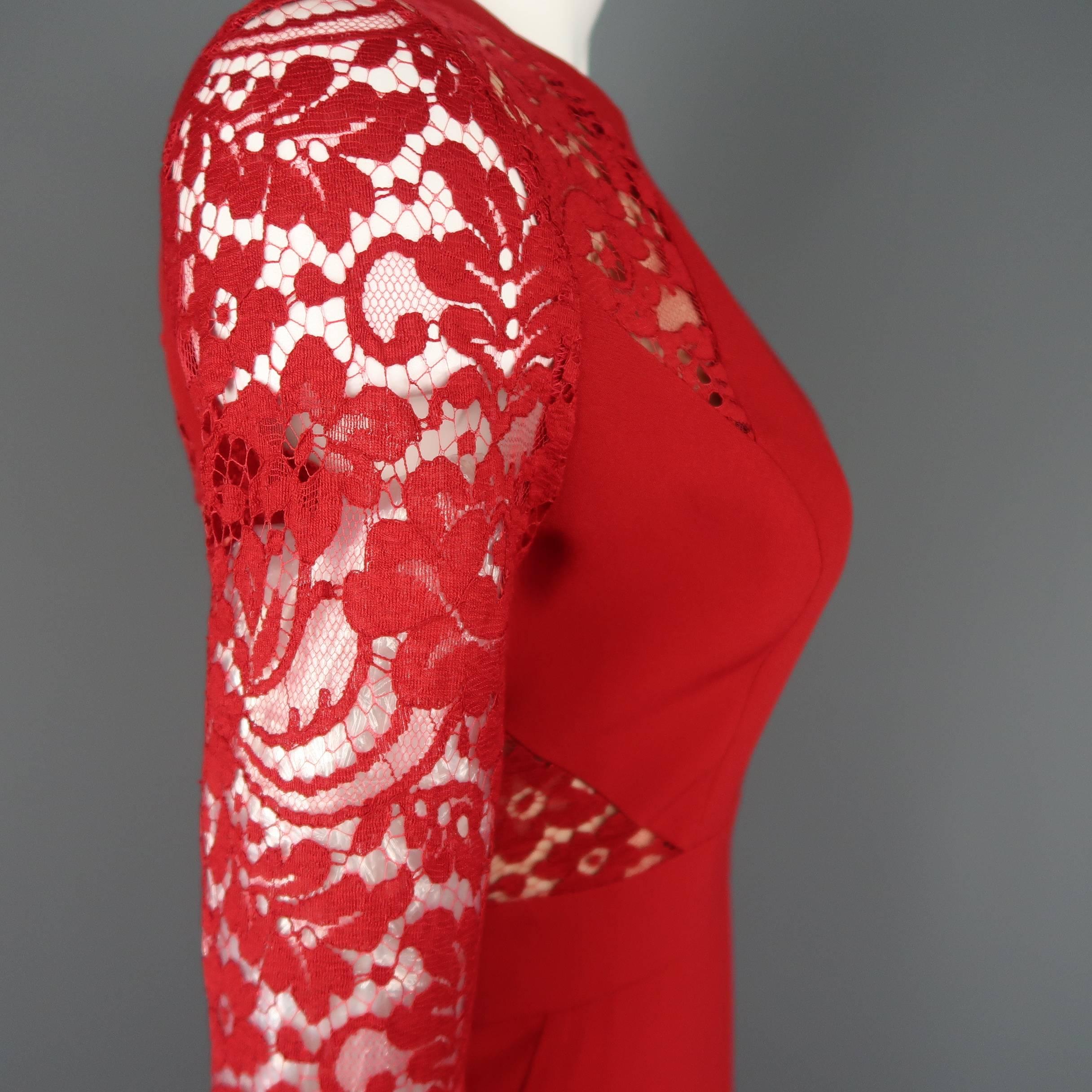 Elie Saab Red Lace Panel Long Sleeve Flared Jumpsuit In Excellent Condition In San Francisco, CA