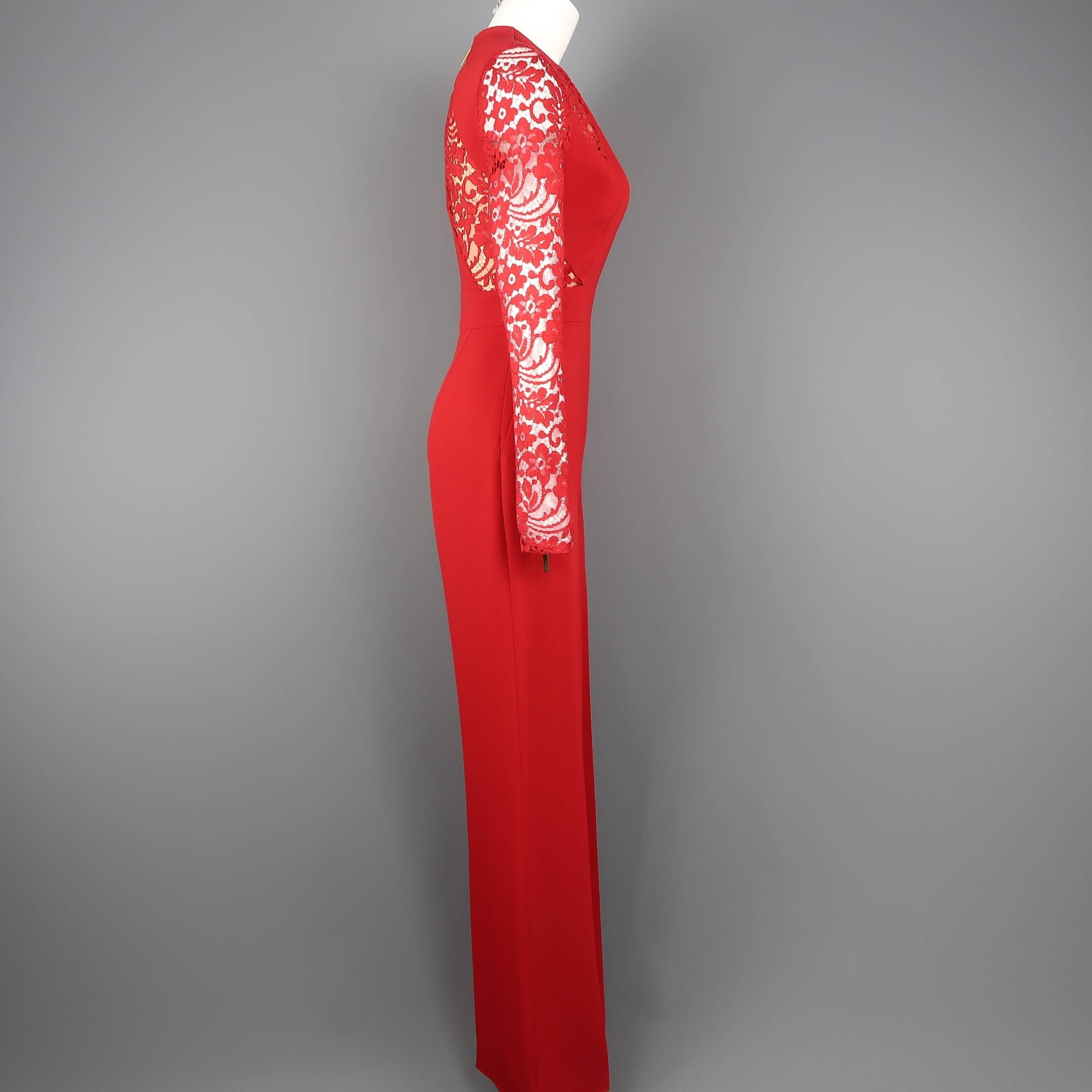 Women's Elie Saab Red Lace Panel Long Sleeve Flared Jumpsuit