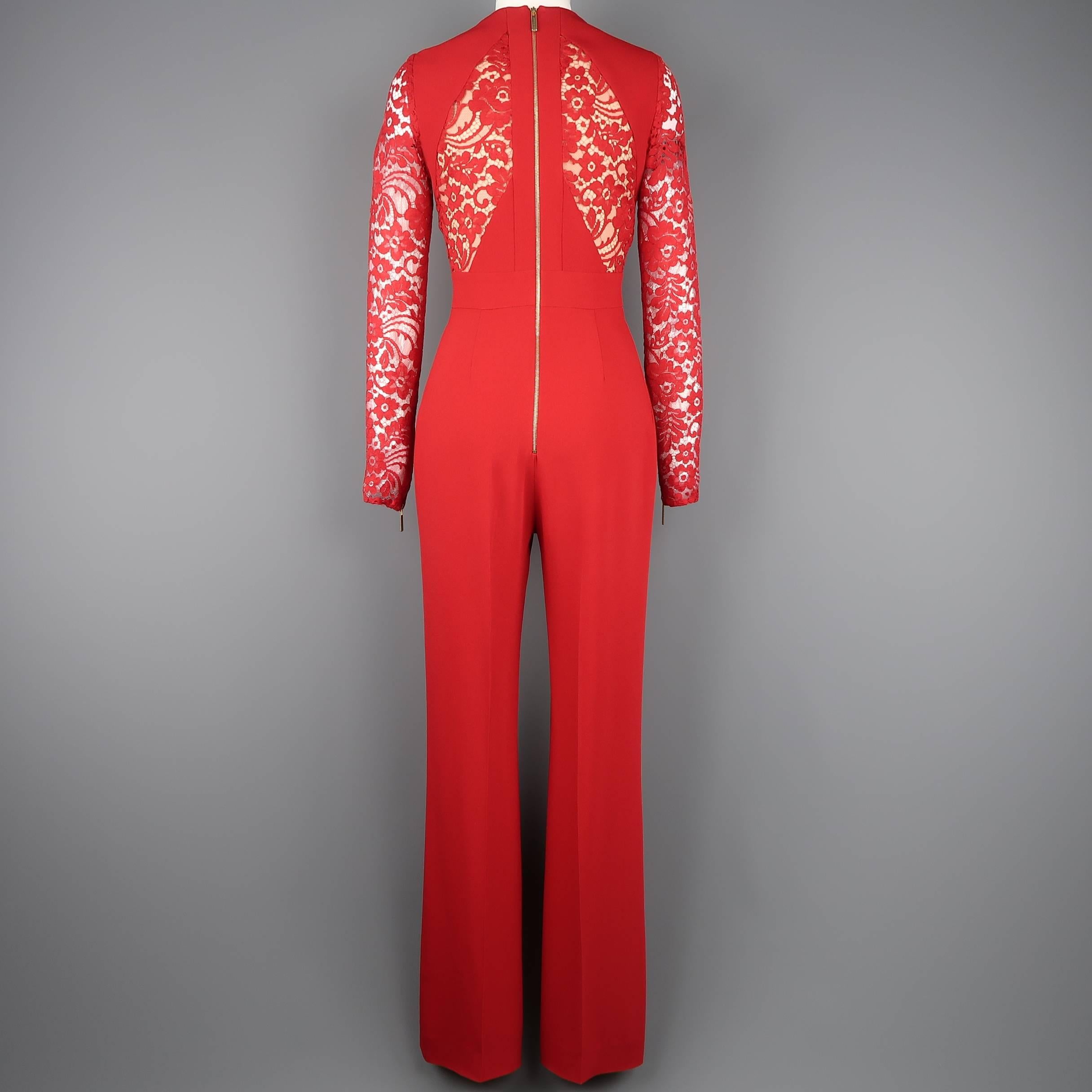 Elie Saab Red Lace Panel Long Sleeve Flared Jumpsuit 2