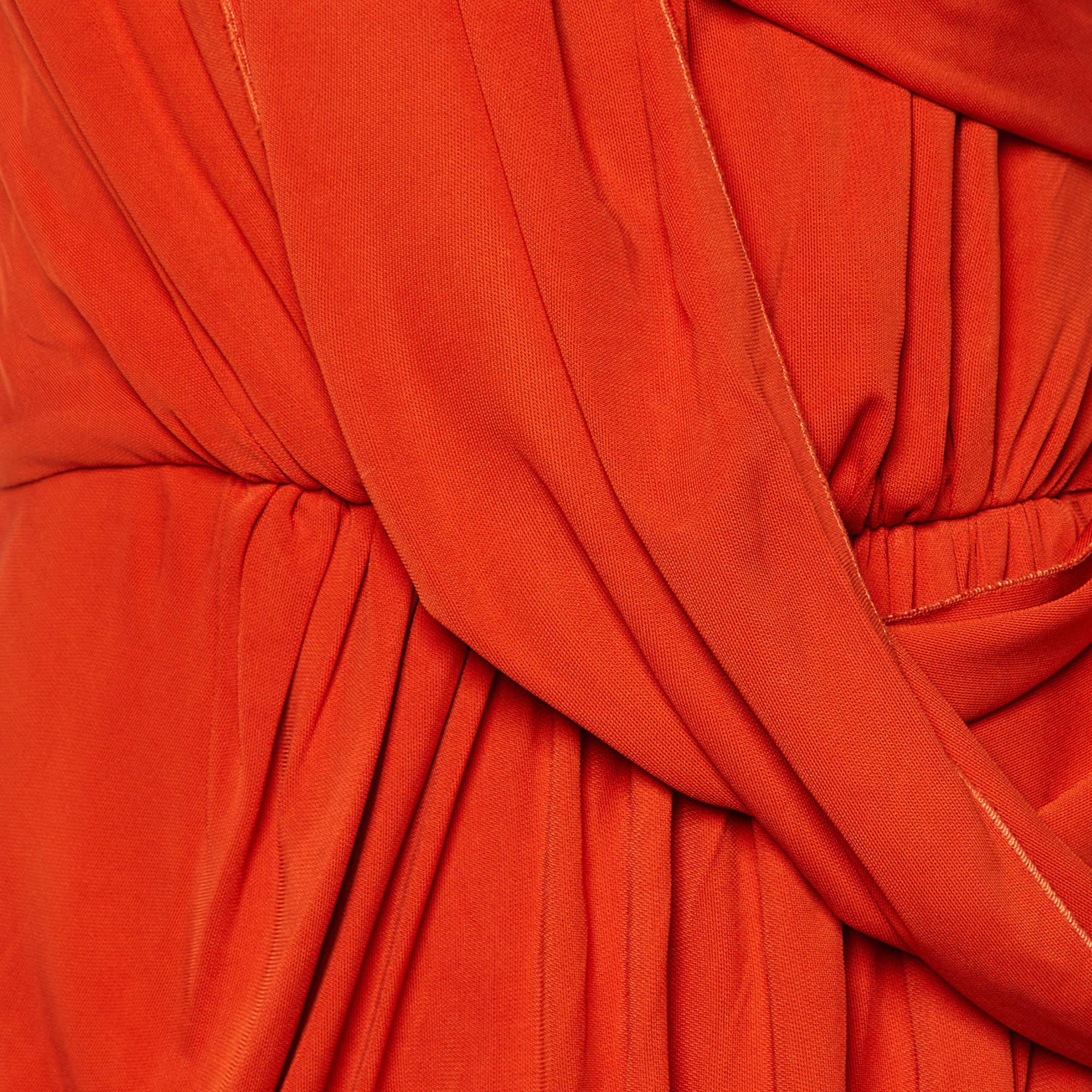 Women's Elie Saab Tangerine Orange Jersey Draped One Shoulder Gown M For Sale
