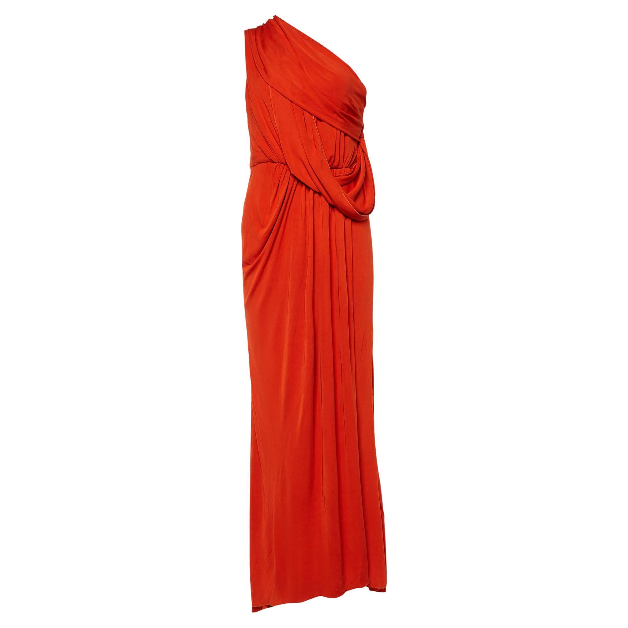 Elie Saab Tangerine Orange Jersey Draped One Shoulder Gown M For Sale