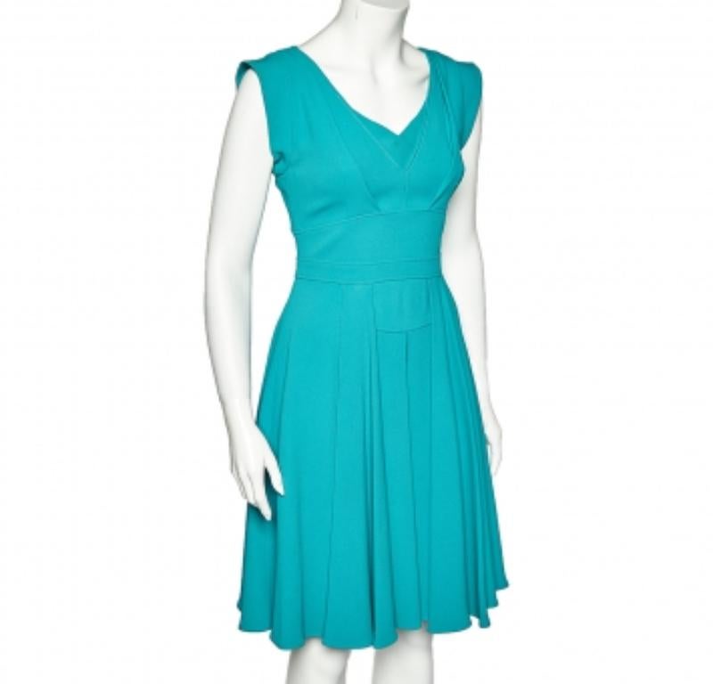 Women's Elie Saab Teal Blue Crepe Pleated Detail Midi Dress XS