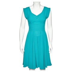 Elie Saab Teal Blue Crepe Pleated Detail Midi Dress XS