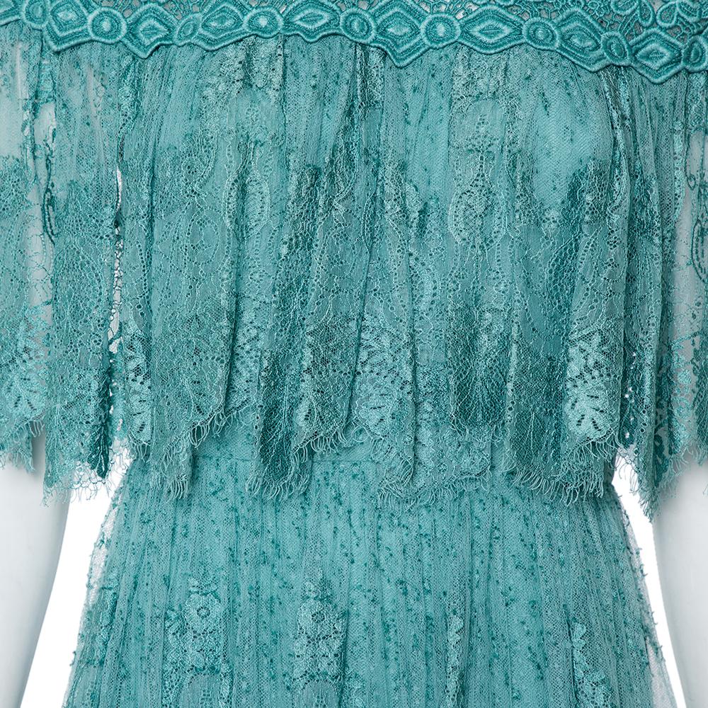 Women's Elie Saab Turquoise Blue Embroidered Lace Overlay Detail Tiered Maxi Dress M