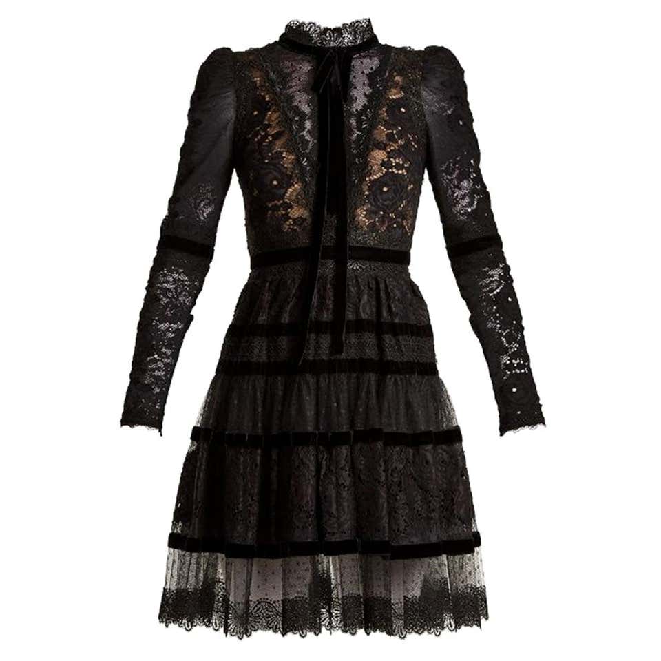 Elie Saab Velvet-Trimmed Lace Mini Dress at 1stDibs | elie saab black ...