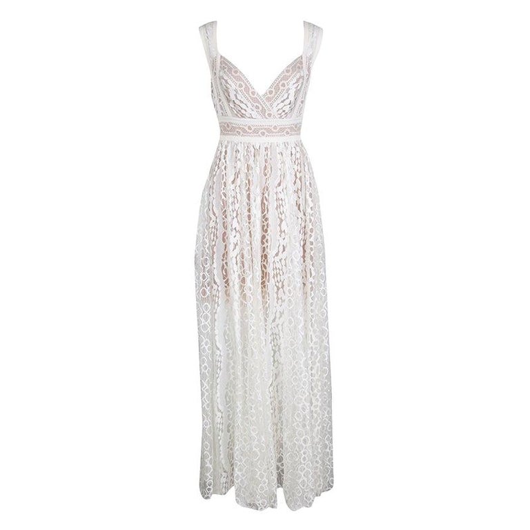 Elie Saab White Embroidered Lace Sleeveless Maxi Dress S For Sale at ...