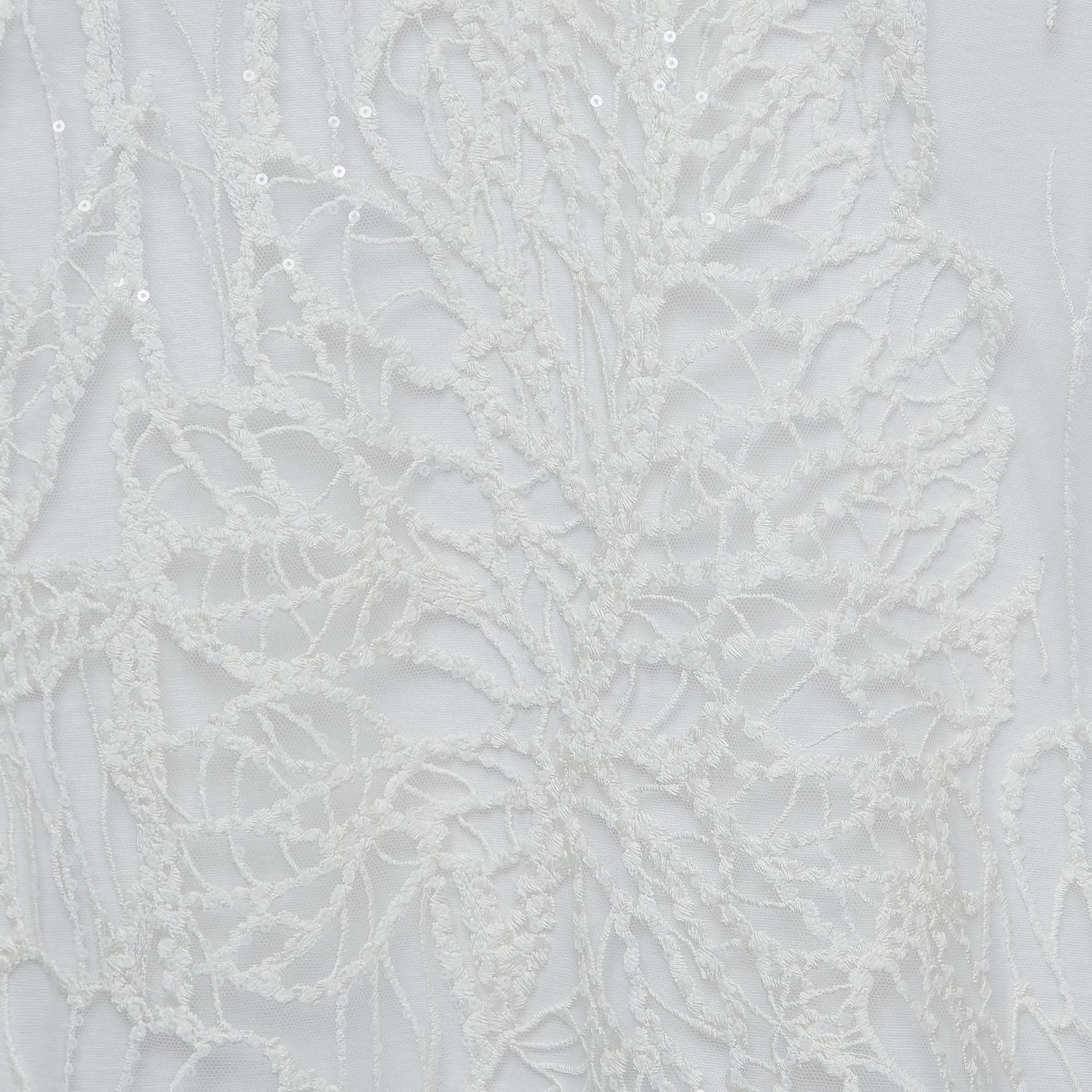 Elie Saab White Embroidered Tulle and Cotton Knit Sheer T-Shirt S In Good Condition In Dubai, Al Qouz 2
