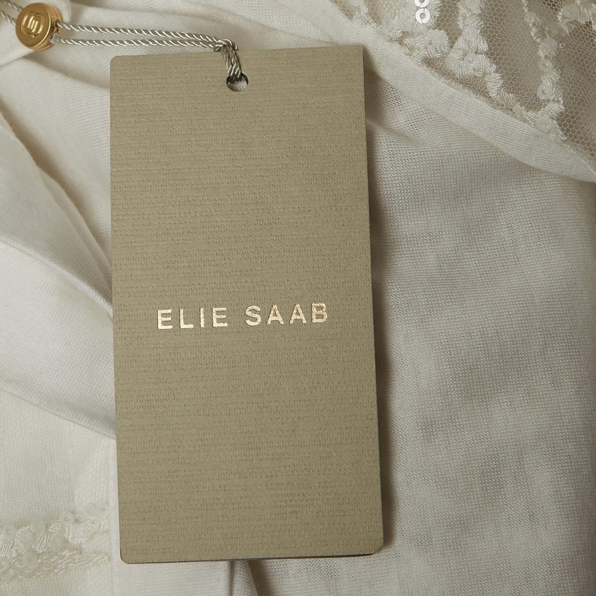 Elie Saab White Embroidered Tulle and Cotton Knit Sheer T-Shirt S 2
