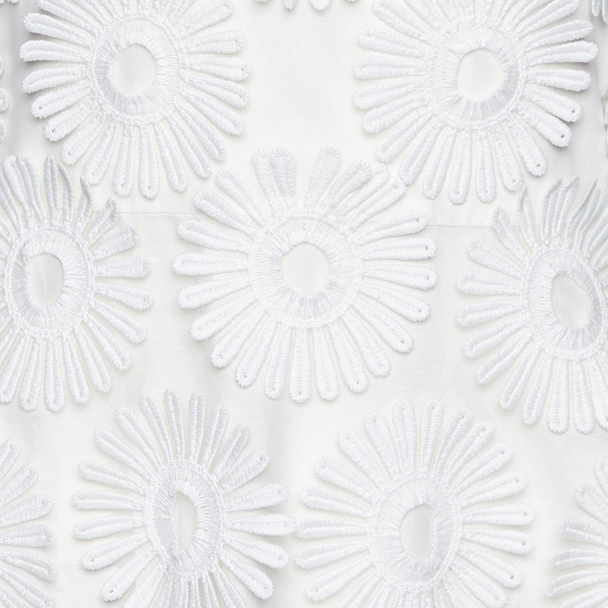 Gray Elie Saab White Floral Appliqued Tulle Midi Dress S