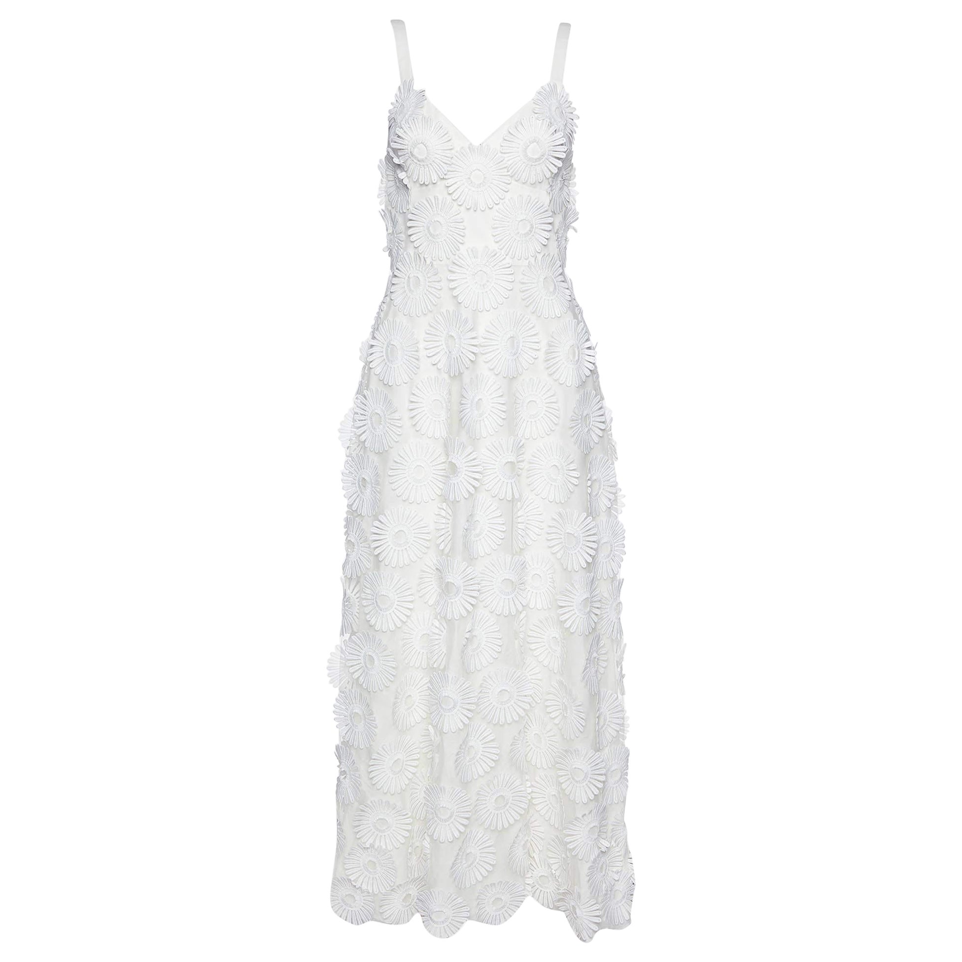 Elie Saab White Floral Appliqued Tulle Midi Dress S
