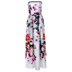Used Elie Saab White Floral Printed Silk Satin Strapless Evening Gown S