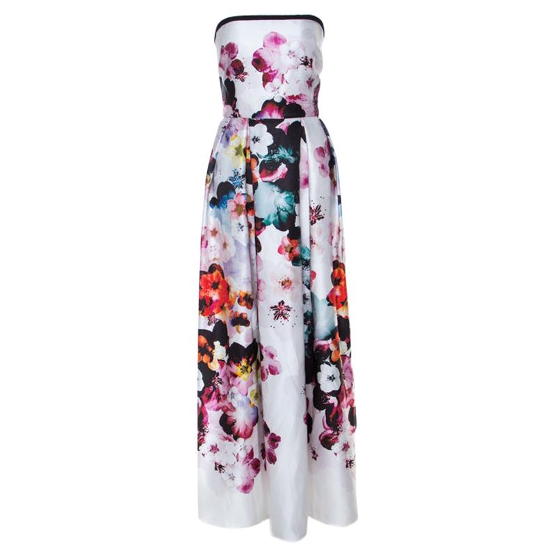 Elie Saab White Floral Printed Silk Satin Strapless Evening Gown S