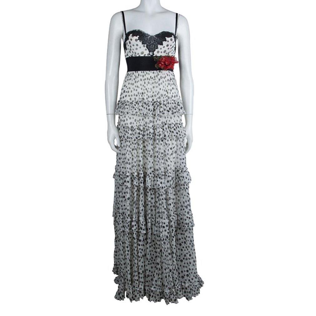 Gray Elie Saab White Lace Detail Polka Dotted Tiered Sleeveless Gown M