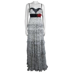 Elie Saab White Lace Detail Polka Dotted Tiered Sleeveless Gown M