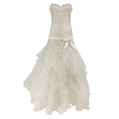 Elie Saab White Layered Lace Trim Sequinned Strapless Wedding Dress Size S