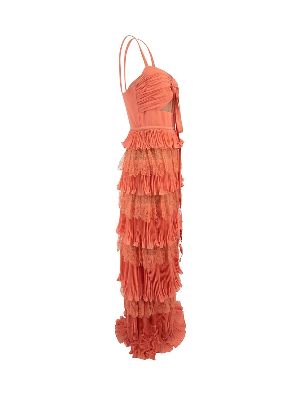 CONDITION is Very good. Minimal wear to dress is evident. Minimal wear to the shoulder straps and the underarms on this used Elie Saab designer resale item.   Details  Coral Lace Maxi dress Tiered layers skirt Pleated with floral and polkadot lace