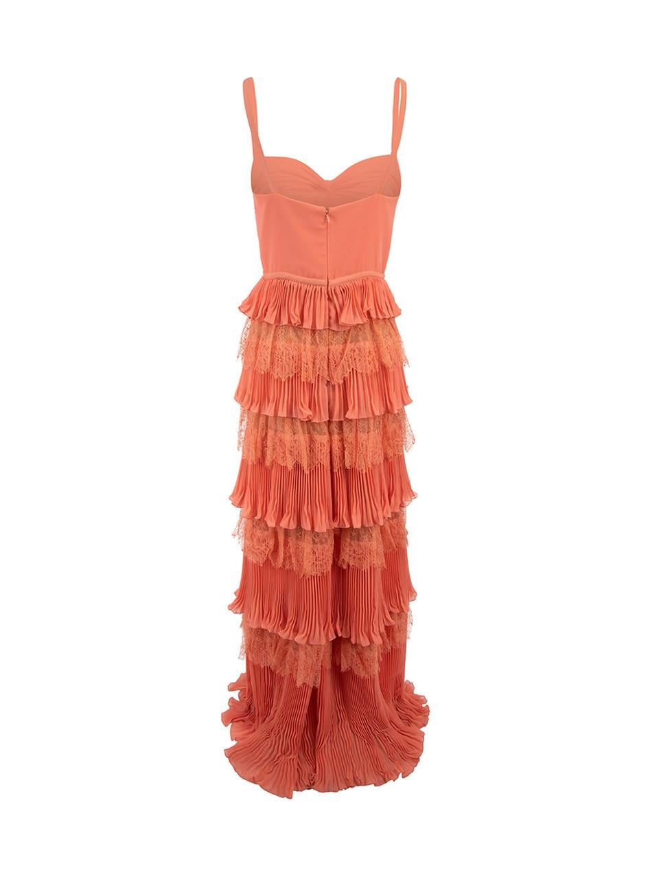 Elie Saab Women's Coral Tiered Lace Maxi Dress In Excellent Condition In London, GB