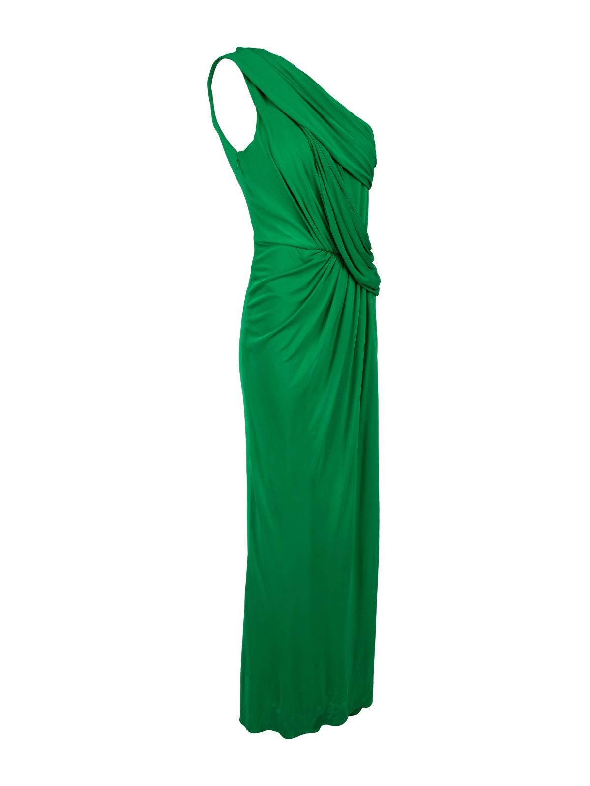CONDITION is Good. Hardly any visible wear to this used Elie Saab designer resale item.   Details  Green Rayon Gown One Shoulder Leg slit Ruffled waistline Built in bra   Made in Lebanon   Composition 100% Rayon Care instructions: Professional dry