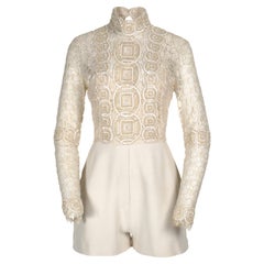 Elie Saab Women's White Cotton Lace Embroidered Turtleneck Playsuit